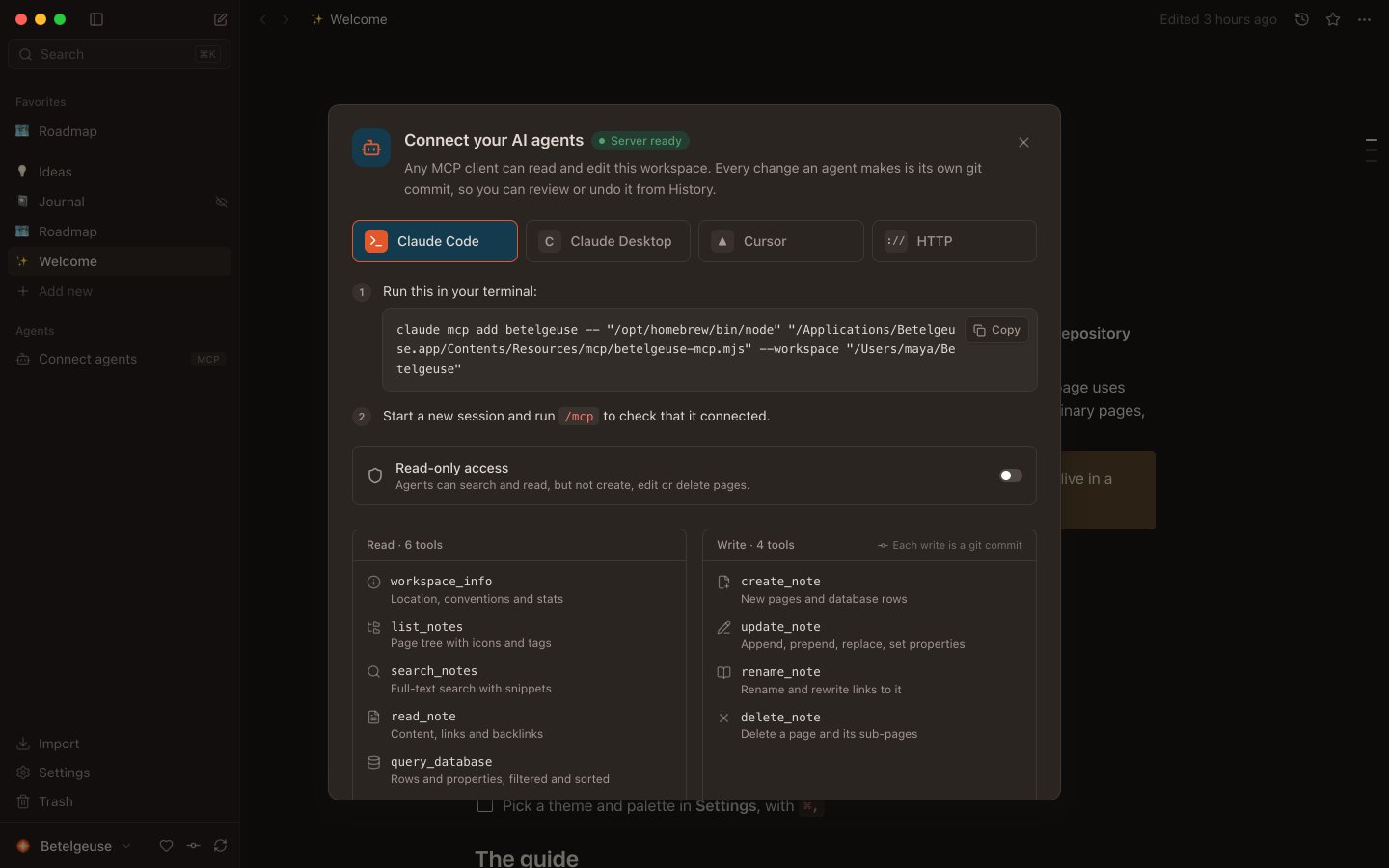 Connect agents dialog with setup for Claude Code, Cursor and others