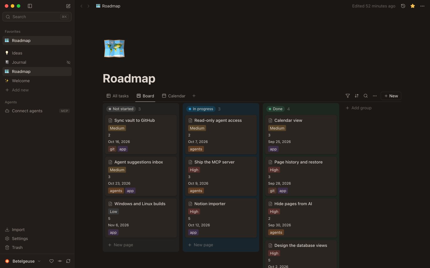 A roadmap database on a board view