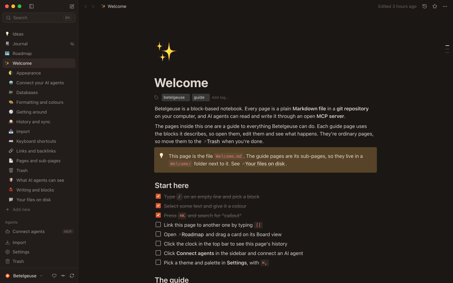 The Betelgeuse editor with the Welcome guide open
