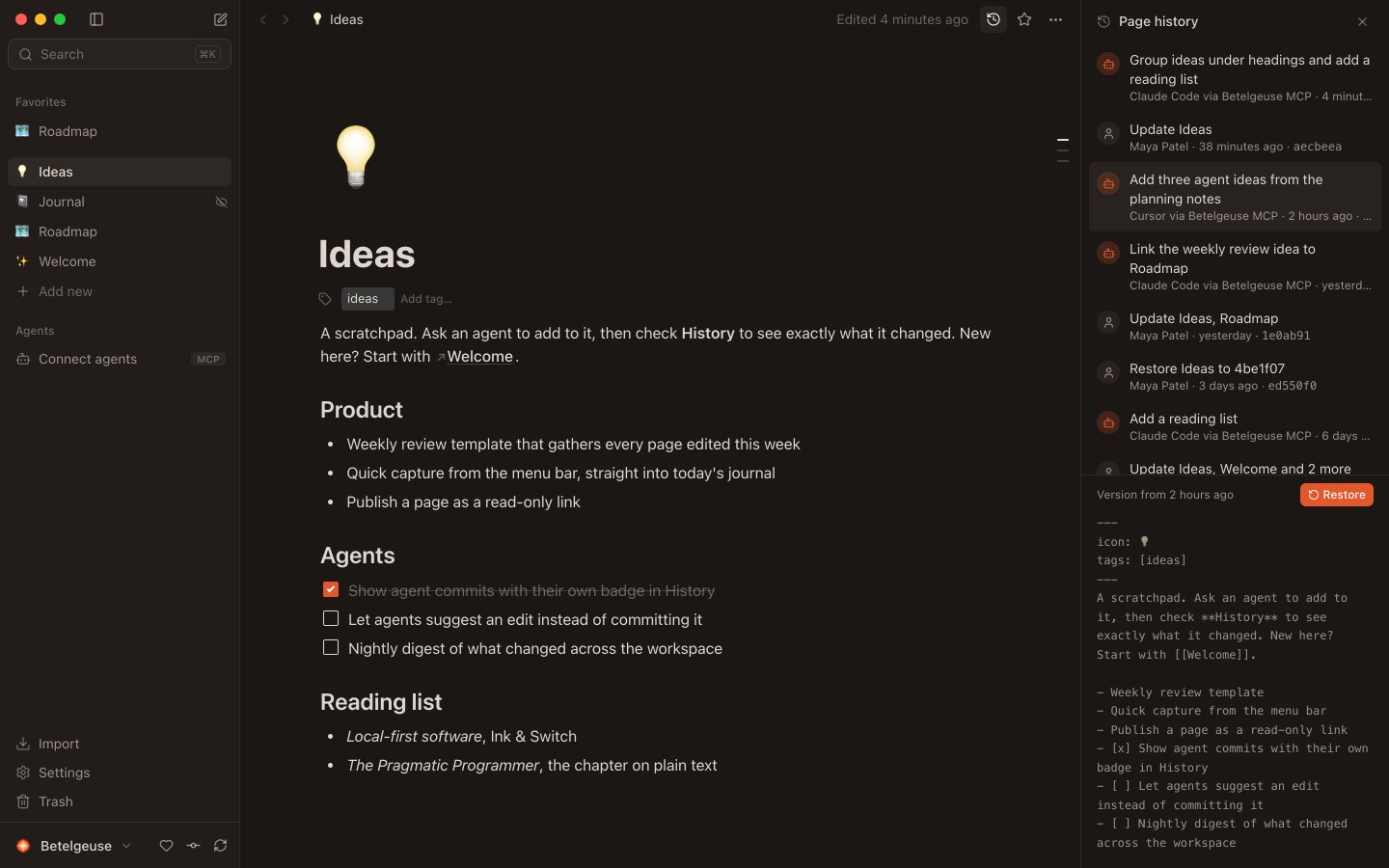 Page history with edits by you and by AI agents, and a version ready to restore